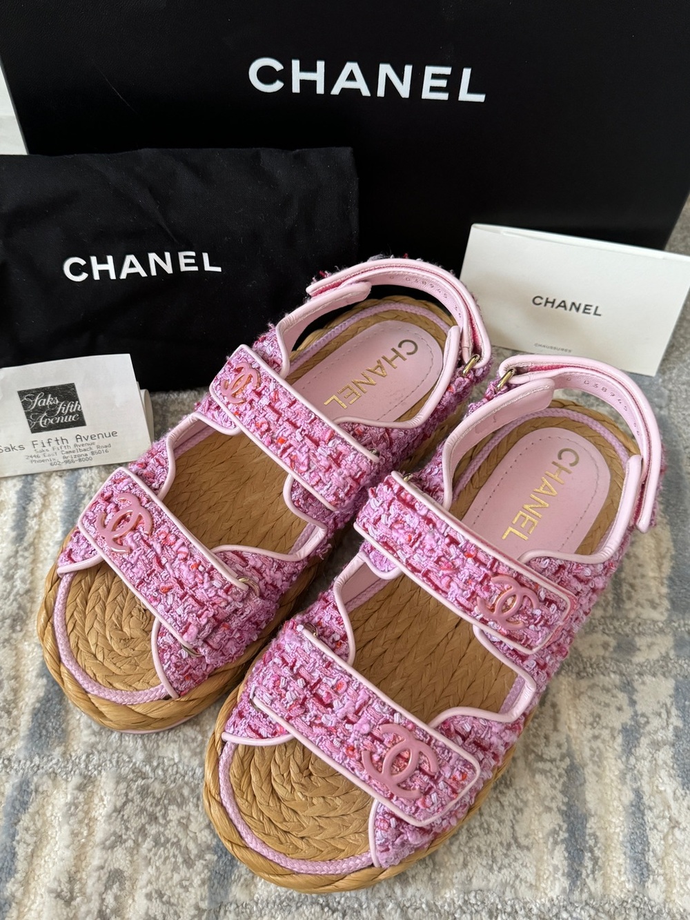 Chanel Pink and Red Tweed Dad Sandals Braided Raffia Sole Pink CC Logos 22P